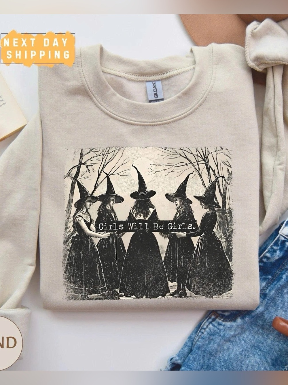 Cream Women’s Short Sleeve Tee with Black Witch Graphic